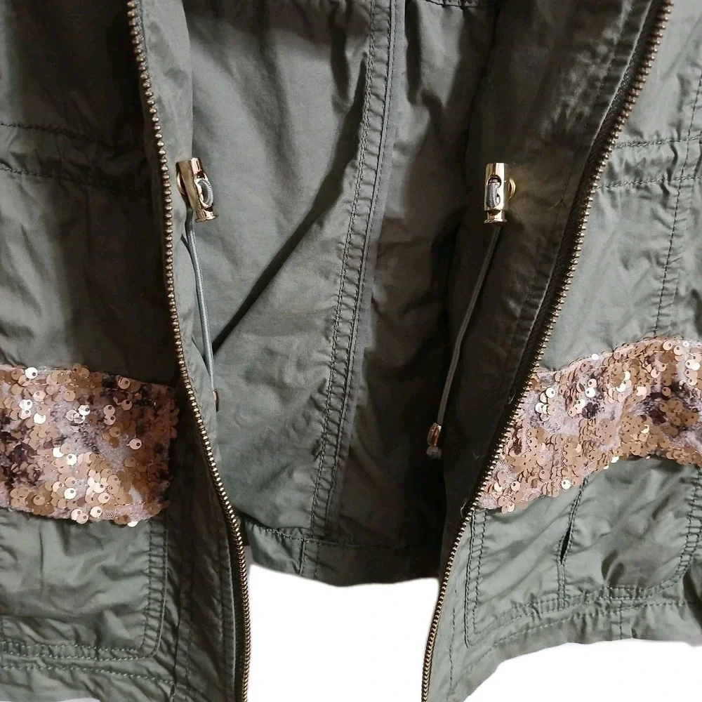 Chico's Utility Women Cinch Waist Vest 3 XL Army Green Sequins Patch Pockets